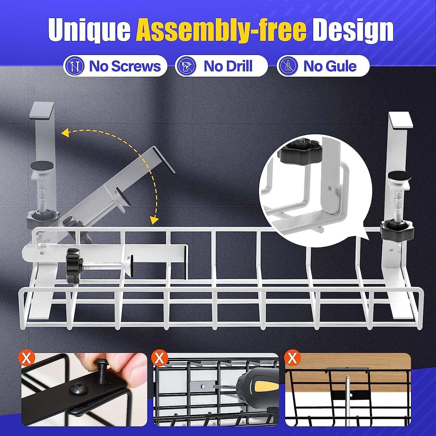 Under Desk Cable Management Tray 2 Pack,  Wire Management No Drill No Screws, Cable Tray with Clamp for Desk Wire Management, Computer Cable Rack for Office, Home - No Damage to Desk White