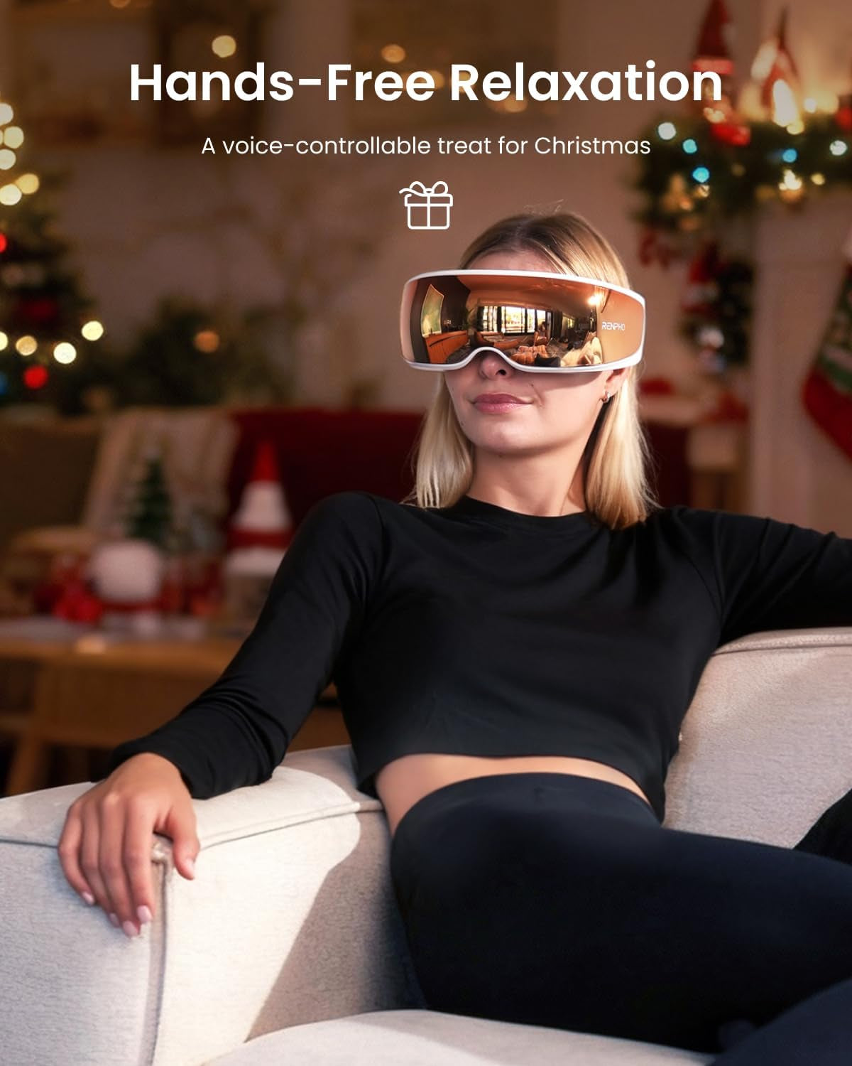 Eyeris Calina Eye Temple Massager for Migraines, FSA Eligible HSA, Birthday Valentines Day Gifts for Women Men, Voice Control, Slidable Temple Massage Cushions, Heated Eye Mask