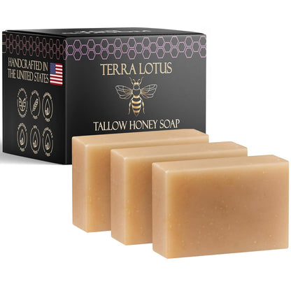 Organic Tallow Soap with Organic Castor Oil & Raw Honey - Relief for Dark Spots, Acne Marks, Hydrating & Nourishing - 3 Pack (Unscented)