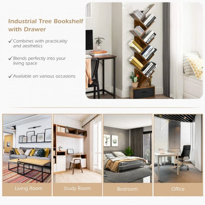 10-Tier Tree Bookshelf with Drawer Free-Standing Storage Bookcase