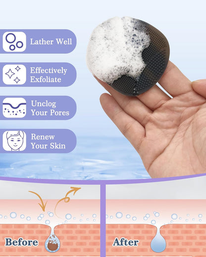 3-Piece Silicone Body Care Set: Thick Bristle Back Scrubber, Bath Glove, and Face Brush with Free Hook (Black)