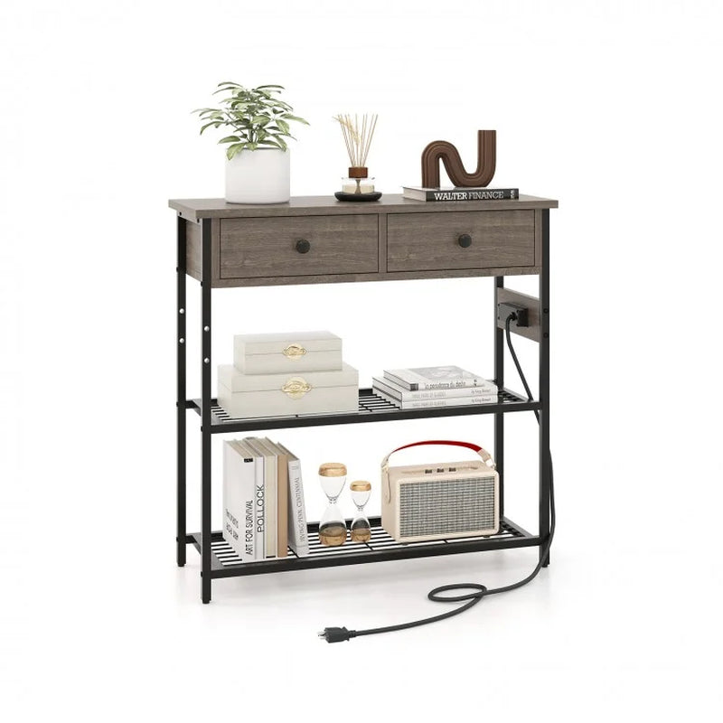Narrow Console Table Featuring Two Drawers and Dual Metal Mesh Shelves