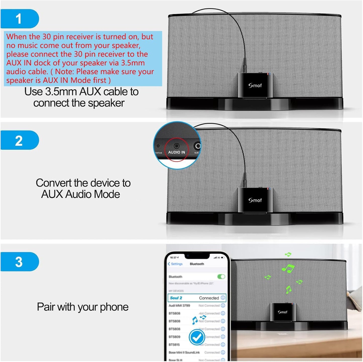 30 Pin Bluetooth Adapter Receiver-Bose Sounddock Bluetooth Adapter Low Latency Bluetooth Audio Receiver with 3.5Mm Aux Cable for Ipod Dock/Iphone/Sony/30 Pin Dock Speakers(Not for CAR or Motorcycle)