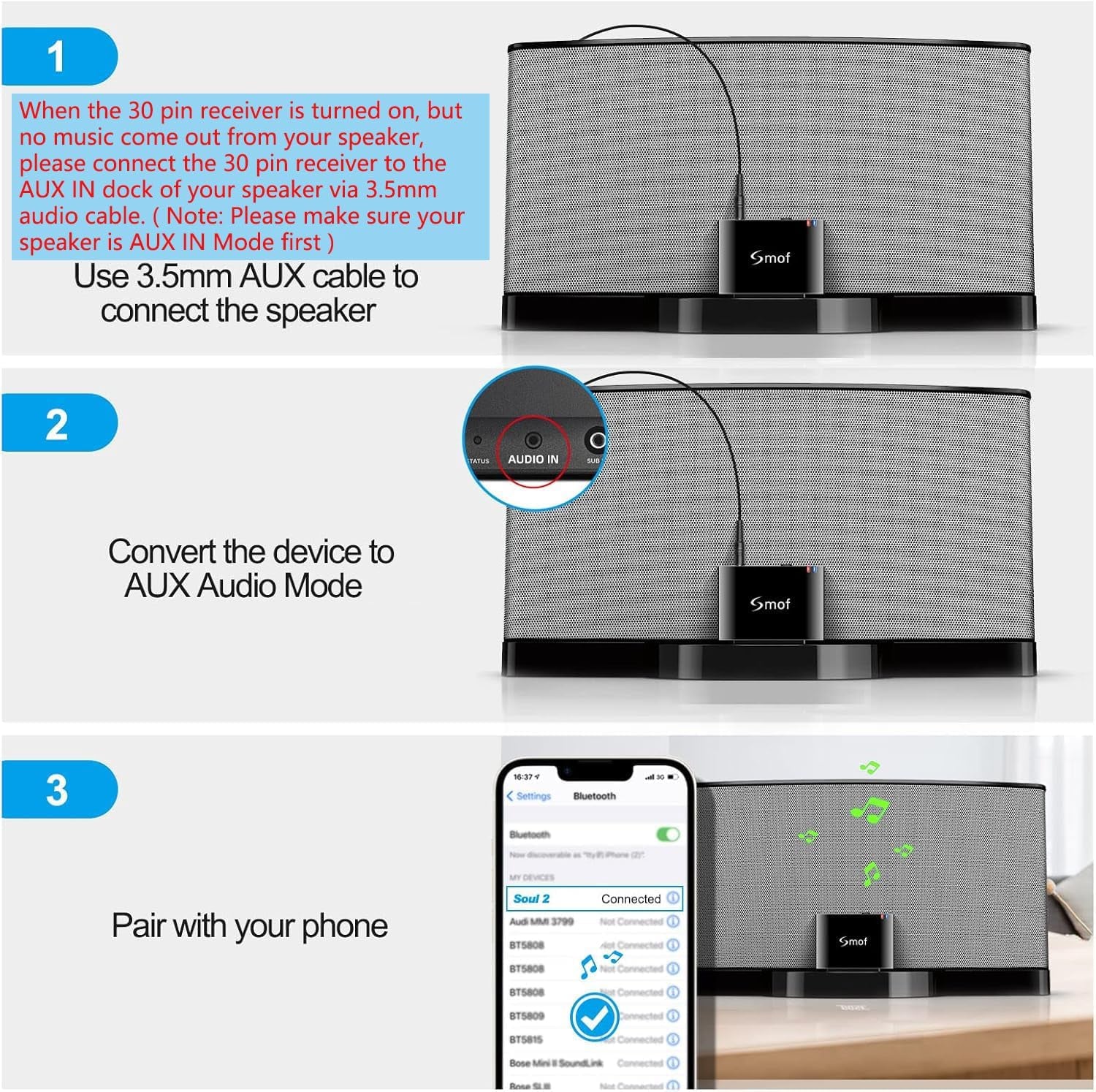 30 Pin Bluetooth Adapter Receiver-Bose Sounddock Bluetooth Adapter Low Latency Bluetooth Audio Receiver with 3.5Mm Aux Cable for Ipod Dock/Iphone/Sony/30 Pin Dock Speakers(Not for CAR or Motorcycle)