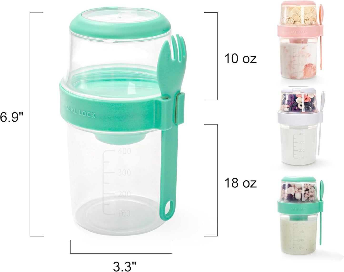 3 Pack 18 Oz Overnight Oats Containers to Go, Large Yogurt Parfait Cups with Lid, Spork (Spoon-Fork Hybrid) & Topping Compartment, Reusable Leak-Proof Adult Meal Prep Containers