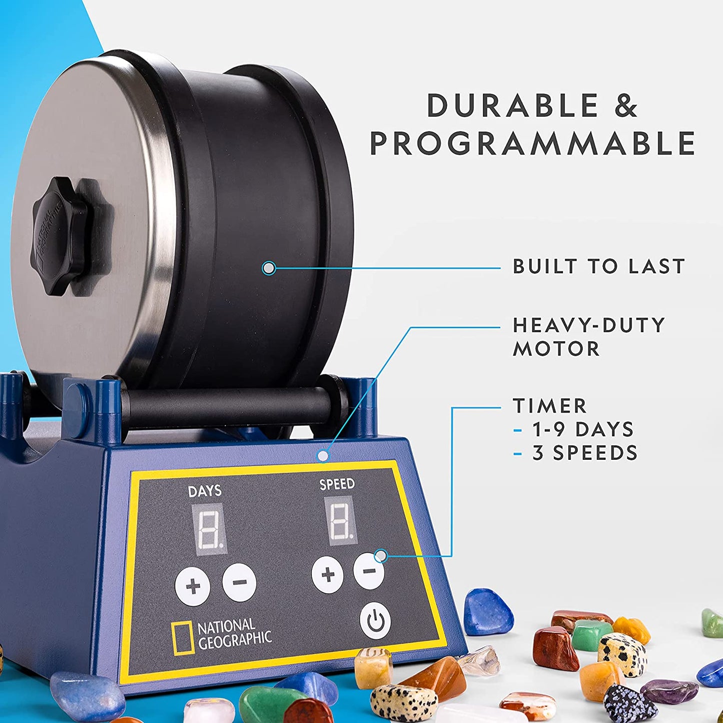 NATIONAL GEOGRAPHIC Rock Tumbler Kit - 1.36 Kg Extra Large Capacity Barrel with 3-Speed Motor & 9-Day Timer, Includes Rocks for Tumbling & Rock Polisher Grit, Rock Tumbler Kit for Adults and Kids