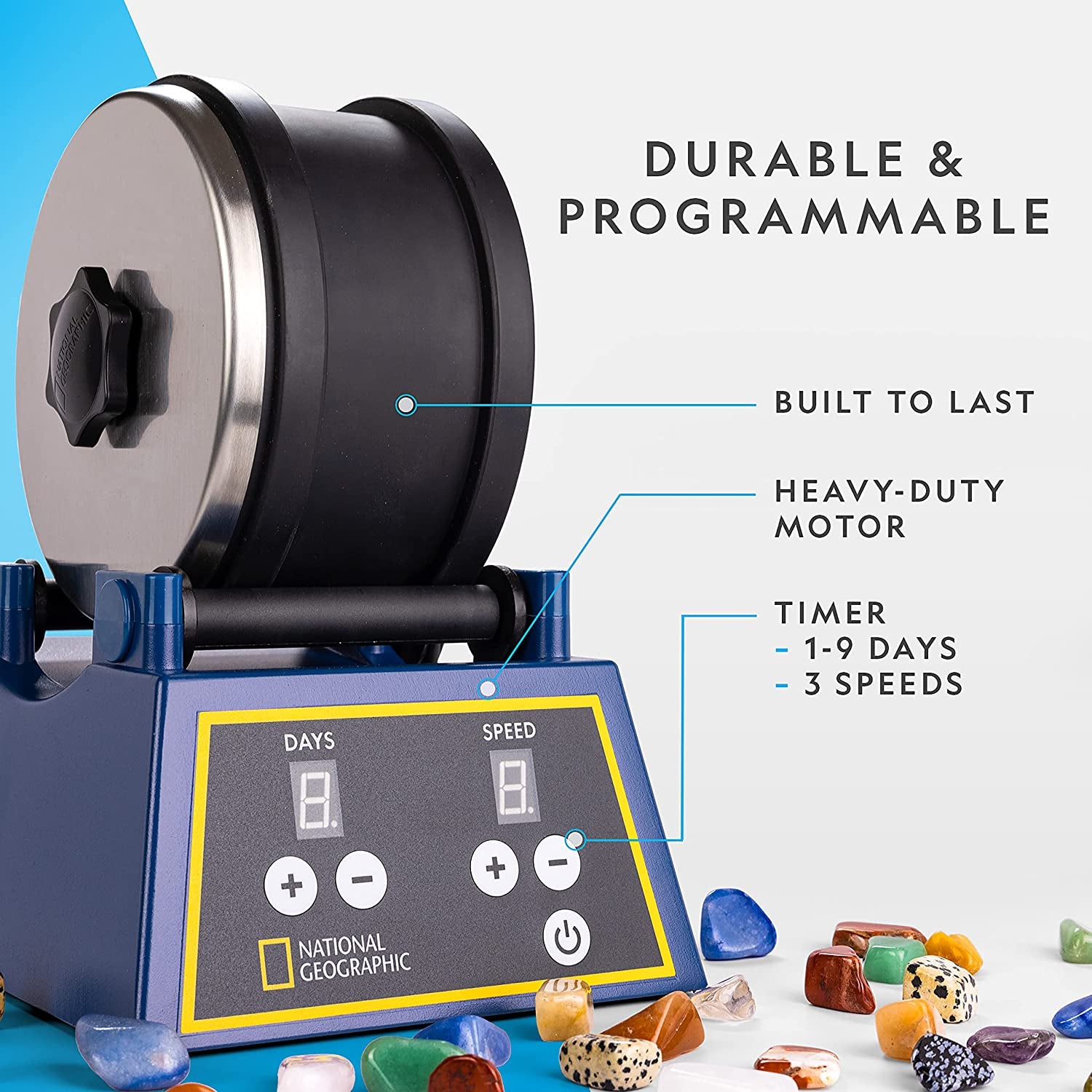 NATIONAL GEOGRAPHIC Rock Tumbler Kit - 1.36 Kg Extra Large Capacity Barrel with 3-Speed Motor & 9-Day Timer, Includes Rocks for Tumbling & Rock Polisher Grit, Rock Tumbler Kit for Adults and Kids