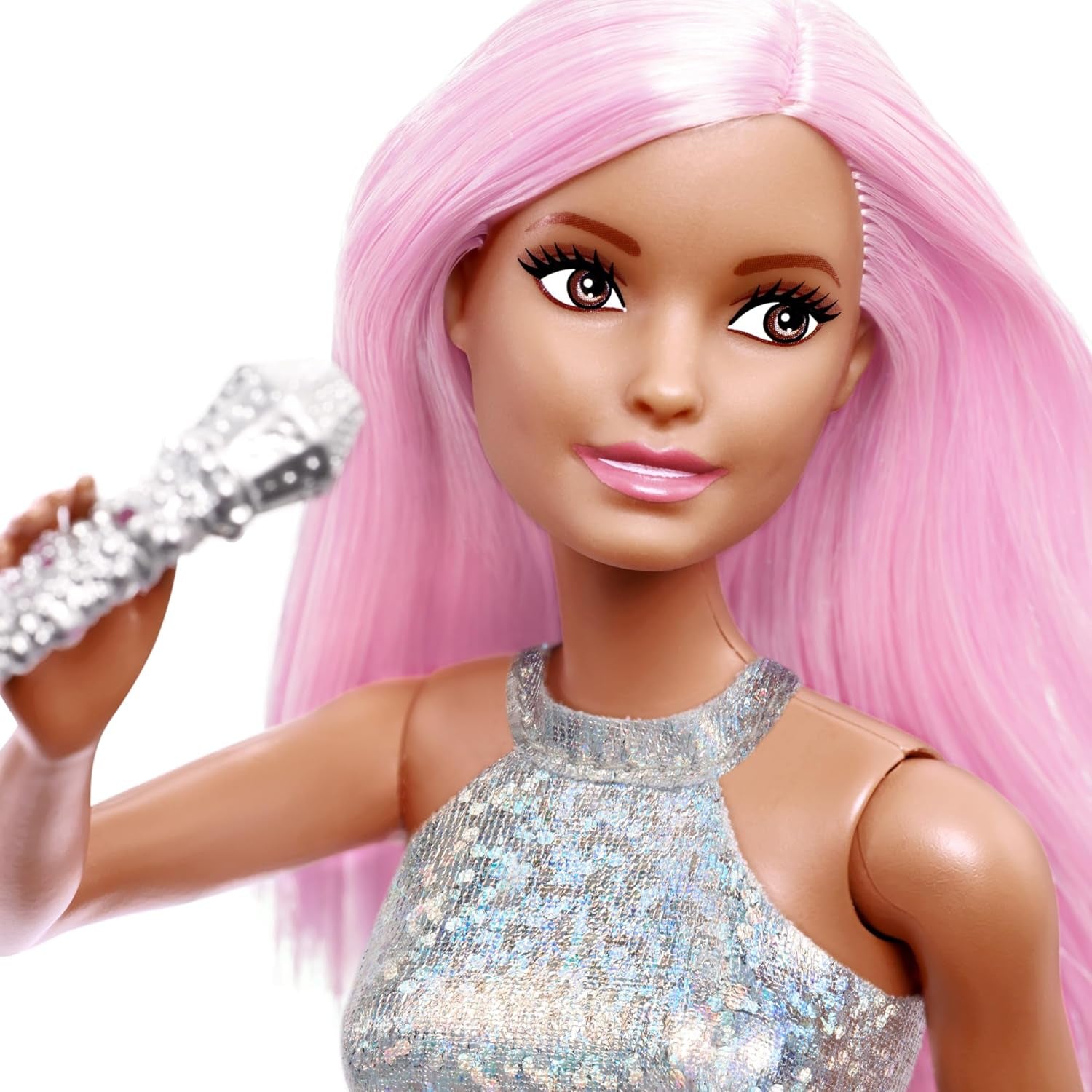 Pop Star Doll Dressed in Iridescent Skirt with Microphone and Pink Hair, Toy for 3 to 7 Year Olds