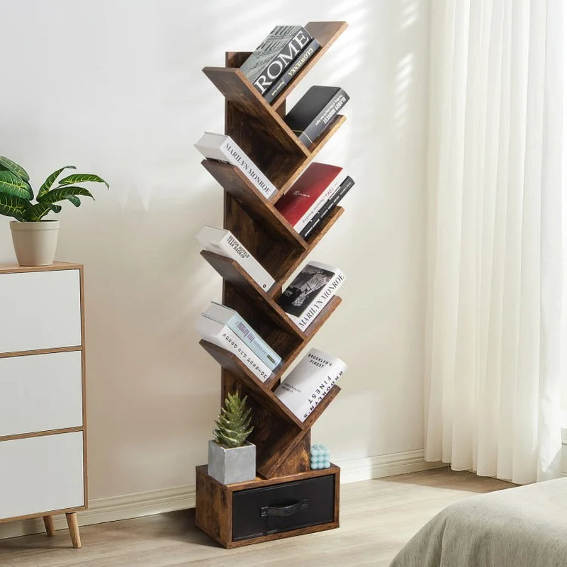 10-Tier Tree Bookshelf with Drawer Free-Standing Storage Bookcase