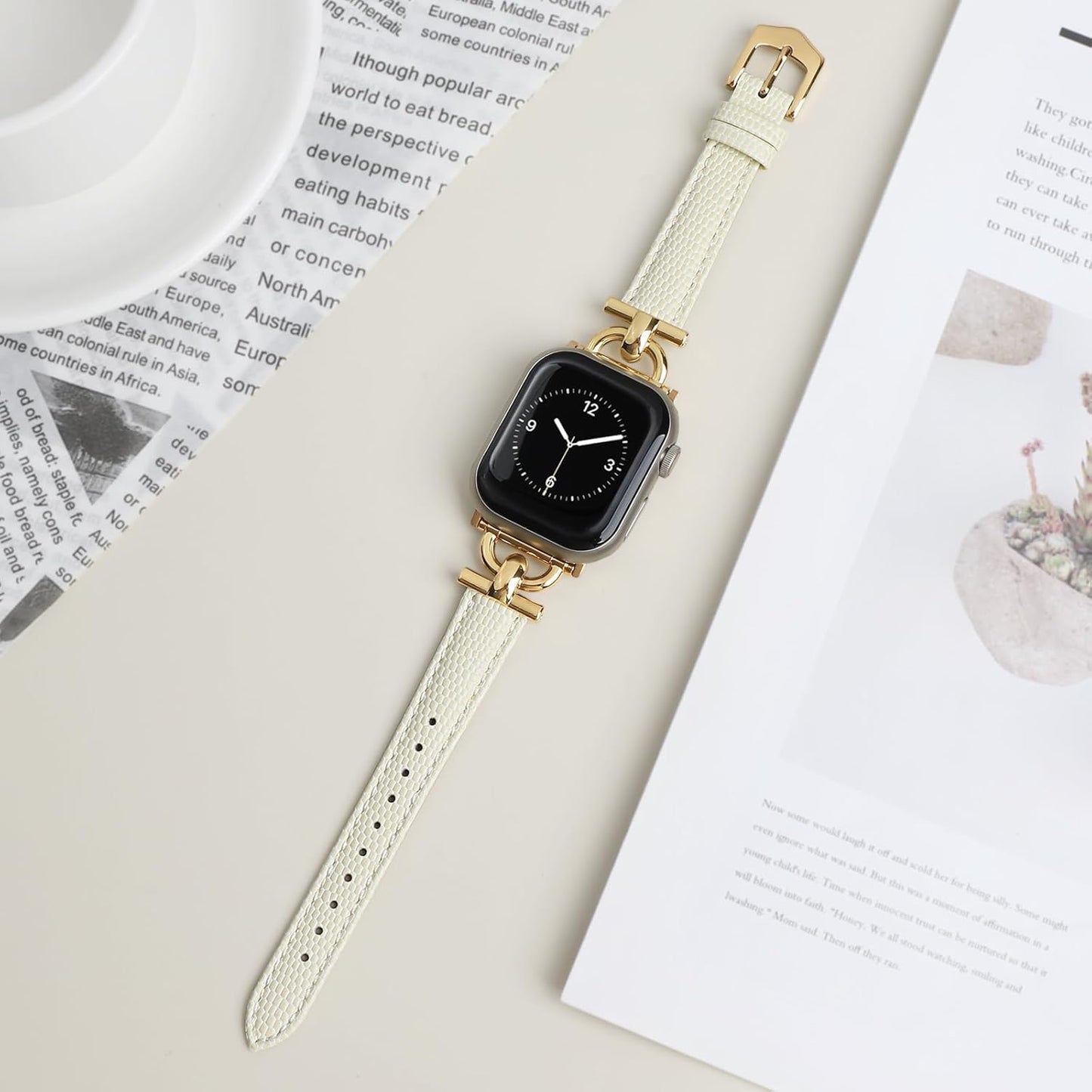 Leather Band Compatible with Apple Watch Strap Women, Genuine Leather Wristband with D-Shape Metal Buckle for Iwatch Bands Series 10/9/8/7/6/5/4/3/2/1/Se(38/40/41/42Mm,Milky White/Gold)