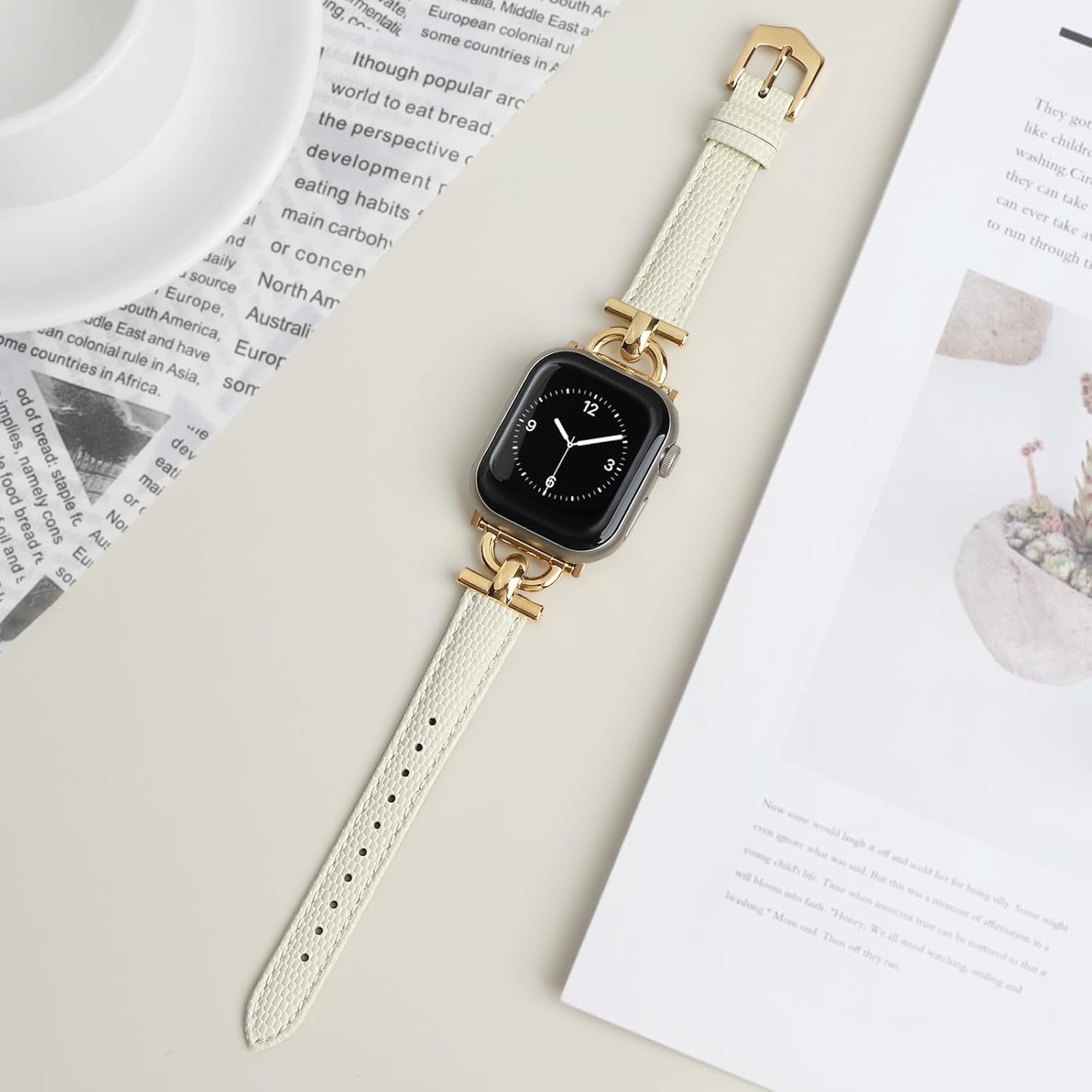 Leather Band Compatible with Apple Watch Strap Women, Genuine Leather Wristband with D-Shape Metal Buckle for Iwatch Bands Series 10/9/8/7/6/5/4/3/2/1/Se(38/40/41/42Mm,Milky White/Gold)