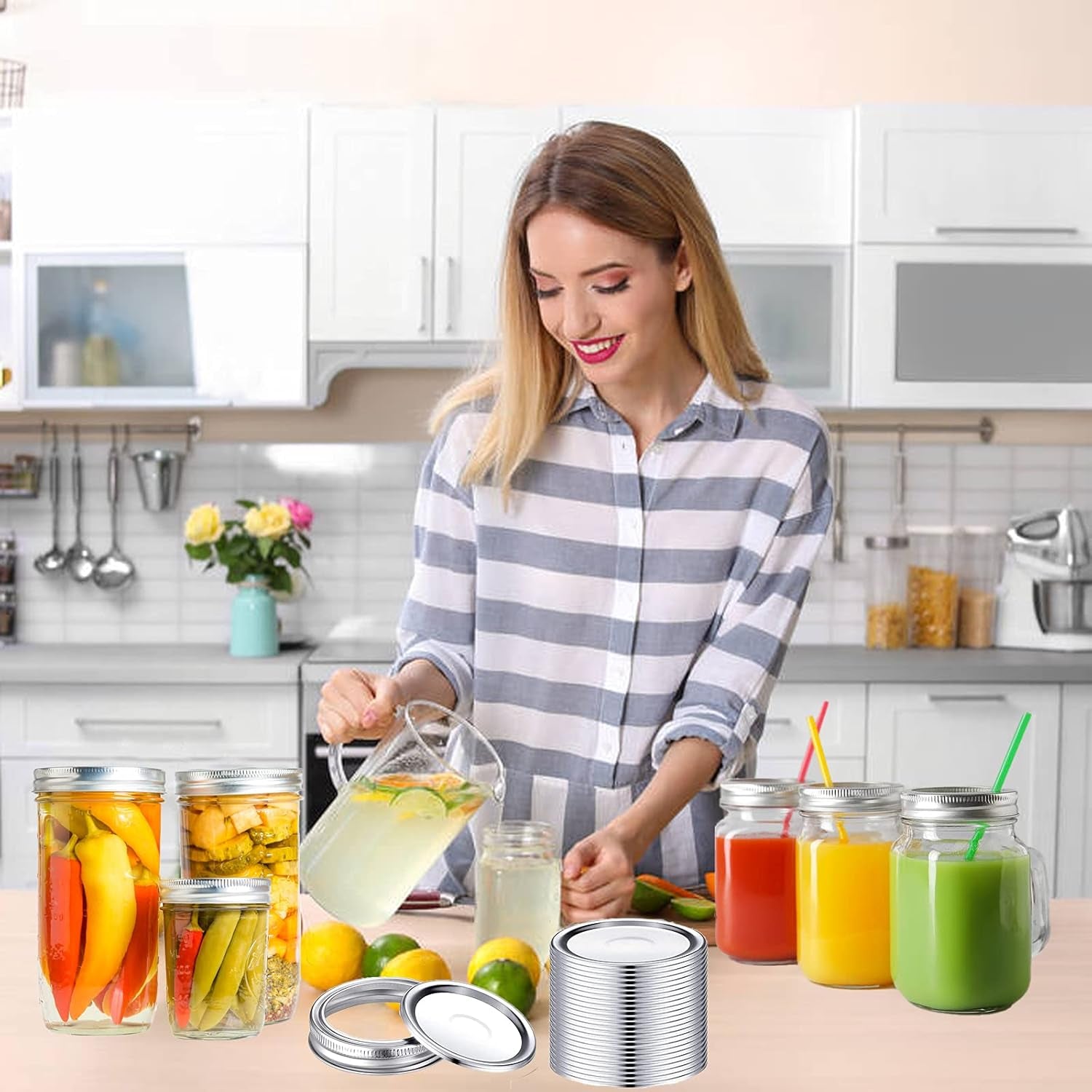 48 PCS Canning Jar Lids and Bands, Mason Canning Lids with Silicone Ring Leak Proof Secure, Reusable Split-Type Silver Lids for All Regular Mouth Mason Jars (70 Mm)