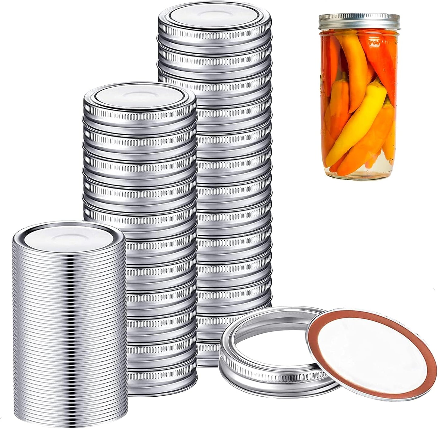 48 PCS Canning Jar Lids and Bands, Mason Canning Lids with Silicone Ring Leak Proof Secure, Reusable Split-Type Silver Lids for All Regular Mouth Mason Jars (70 Mm)