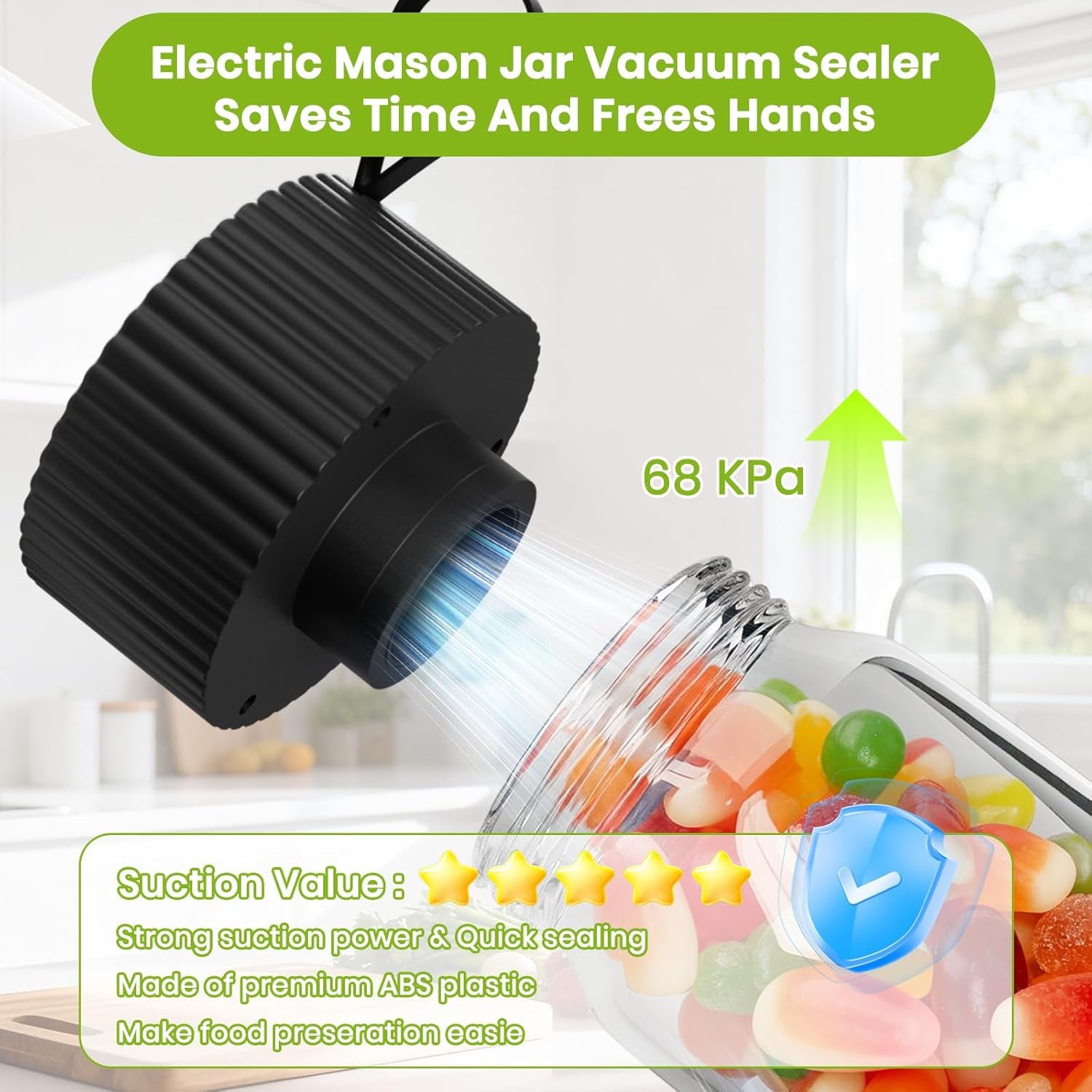 2025 Upgrade 3-In-1 Electric Mason Jar Vacuum Sealer Kit，One-Touch Electric Sealing， for Wide-Mouth Regular-Mouth Mason Jars, Portable Vacuum Sealer for Jars, Gifts for Mom, Grandma (Black)