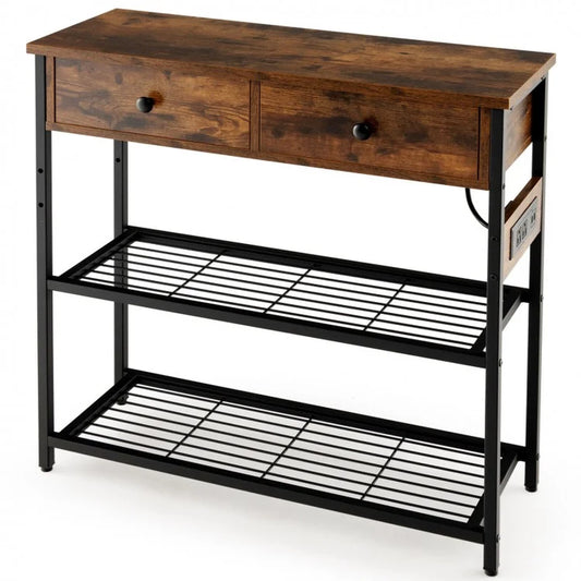 Narrow Console Table Featuring Two Drawers and Dual Metal Mesh Shelves
