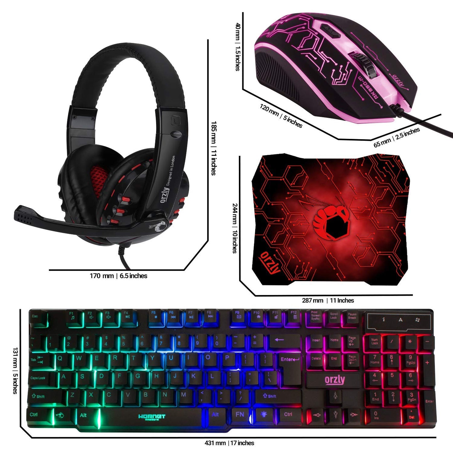Gaming Keyboard and Mouse and Gaming Headset & Mouse Pad, Wired LED RGB Backlight Bundle for PC Gamers Users - 4 in 1 White Edition Hornet RX-250