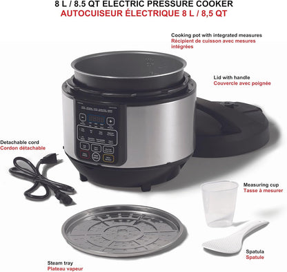 Electric Pressure Cooker - 8L Capacity - Steam Tray, Measuring Cup & Spatula - 11 Preset Cooking Functions