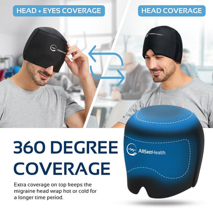 Migraine Relief Cap Ice Head Wrap and Hat | Hot/Cold Gel Pack with Face and Eye Mask Compress for Headache Relief - Black