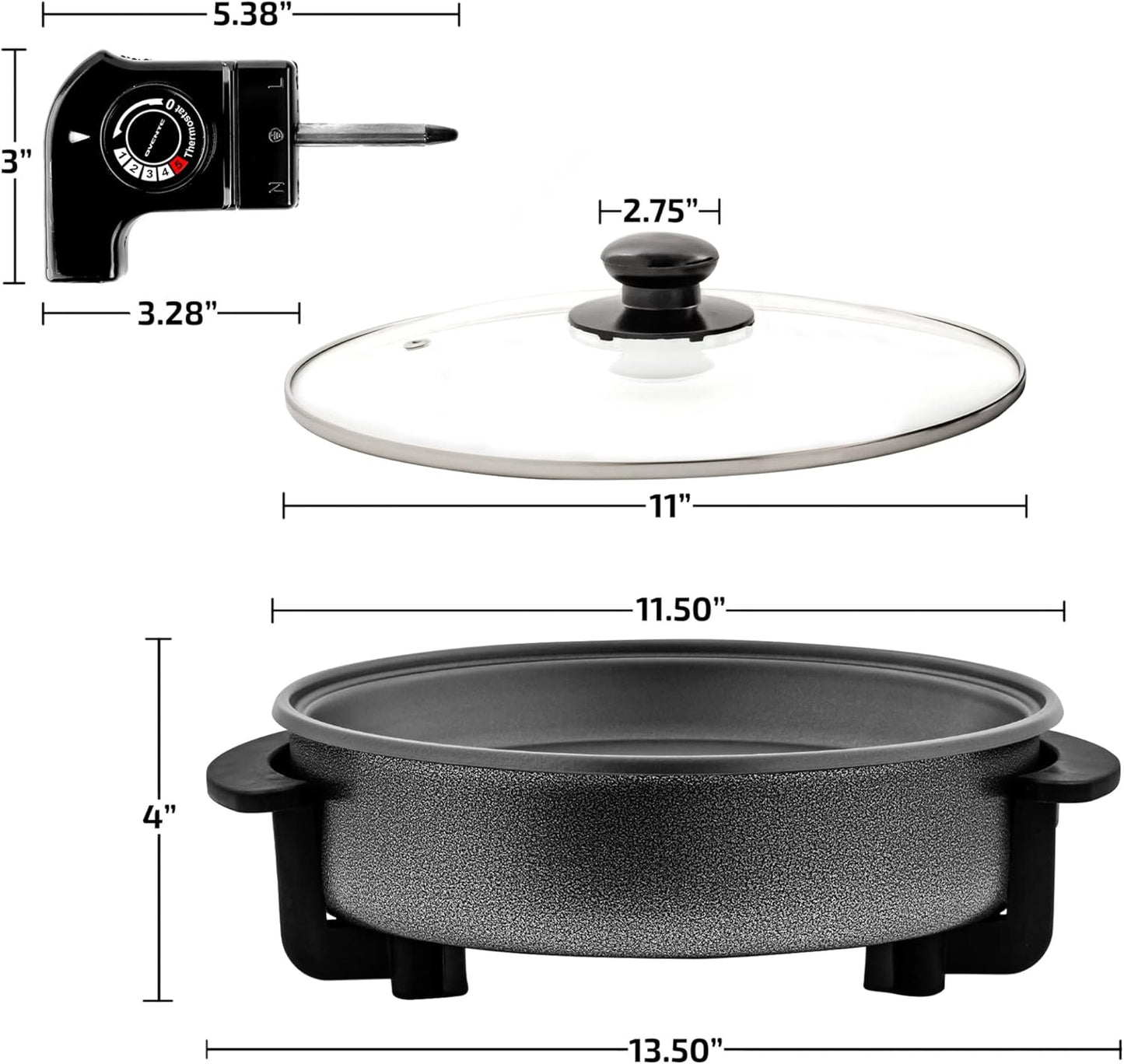 12 Inch Electric Skillet and Frying Pan with Nonstick Coating, 1400W Power, Adjustable Temperature Control, Tempered Glass Lid with Vent and Cool Touch Handles, Black SK11112B