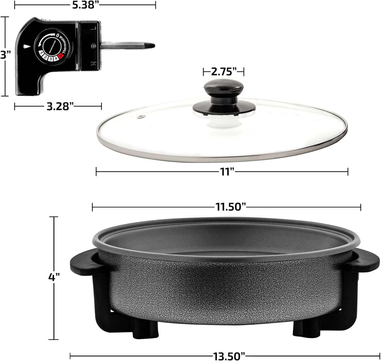 12 Inch Electric Skillet and Frying Pan with Nonstick Coating, 1400W Power, Adjustable Temperature Control, Tempered Glass Lid with Vent and Cool Touch Handles, Black SK11112B