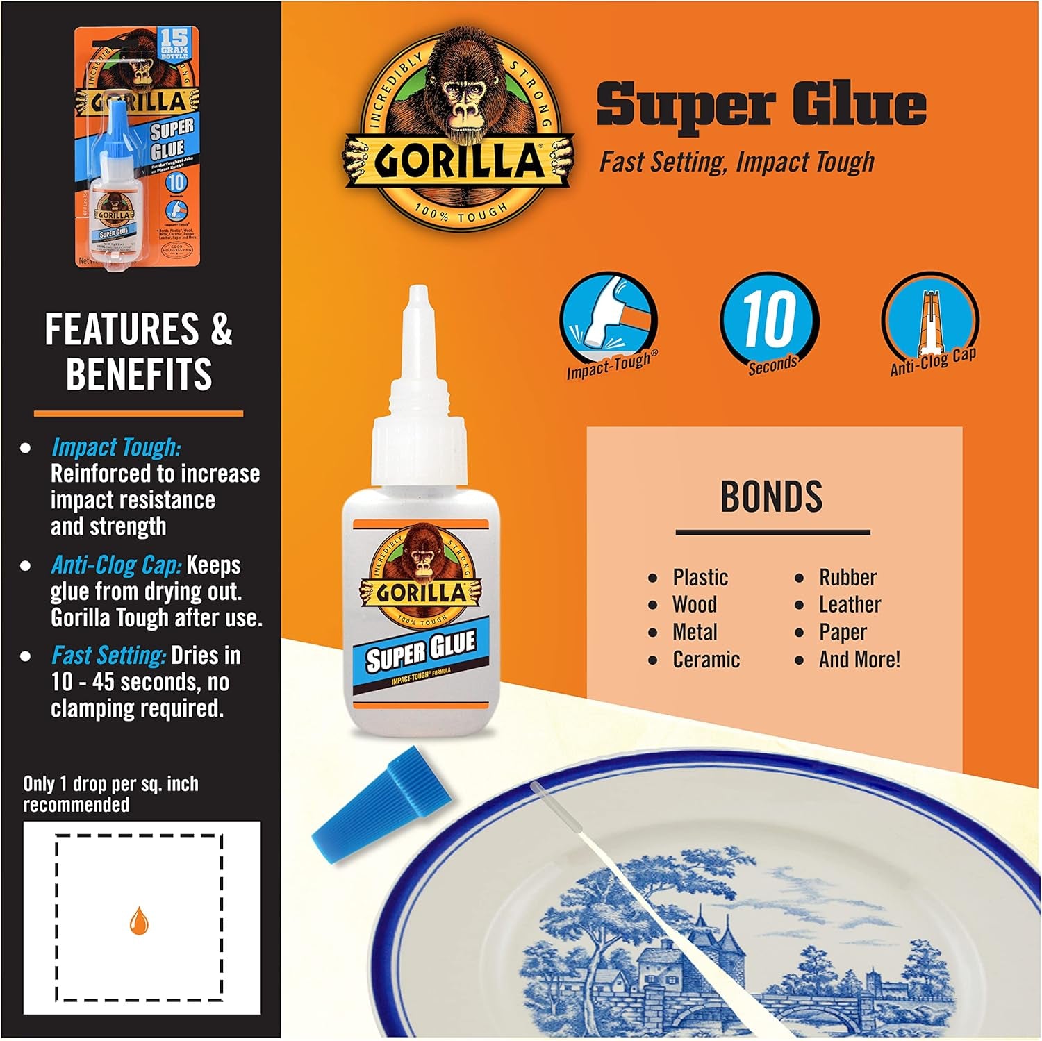 Super Glue Liquid, Fast-Setting, Versatile Cyanoacrylate Glue, Anti-Clog Cap, Flow Control Formula, Clear, 0.53Oz/15G, (Pack of 1) 112381