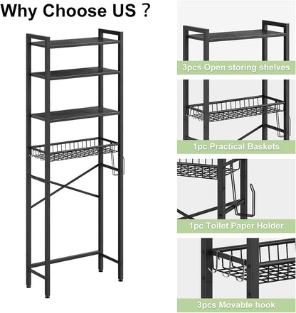 Over-The-Toilet Storage Rack, 4-Tier Bathroom Organizer Shelf over Toilet with Adjustable Shelf and Basket, Freestanding Space Saver Bathroom Shelves above Toilet for Room(Pure Black)