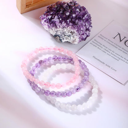 3-Piece 6Mm Natural Crystal Gemstone Stretch Bracelets – ﻿Amethyst, Pink Quartz, White Jade Handmade Reiki Energy Healing Jewelry for Meditation,Yoga, Unisex