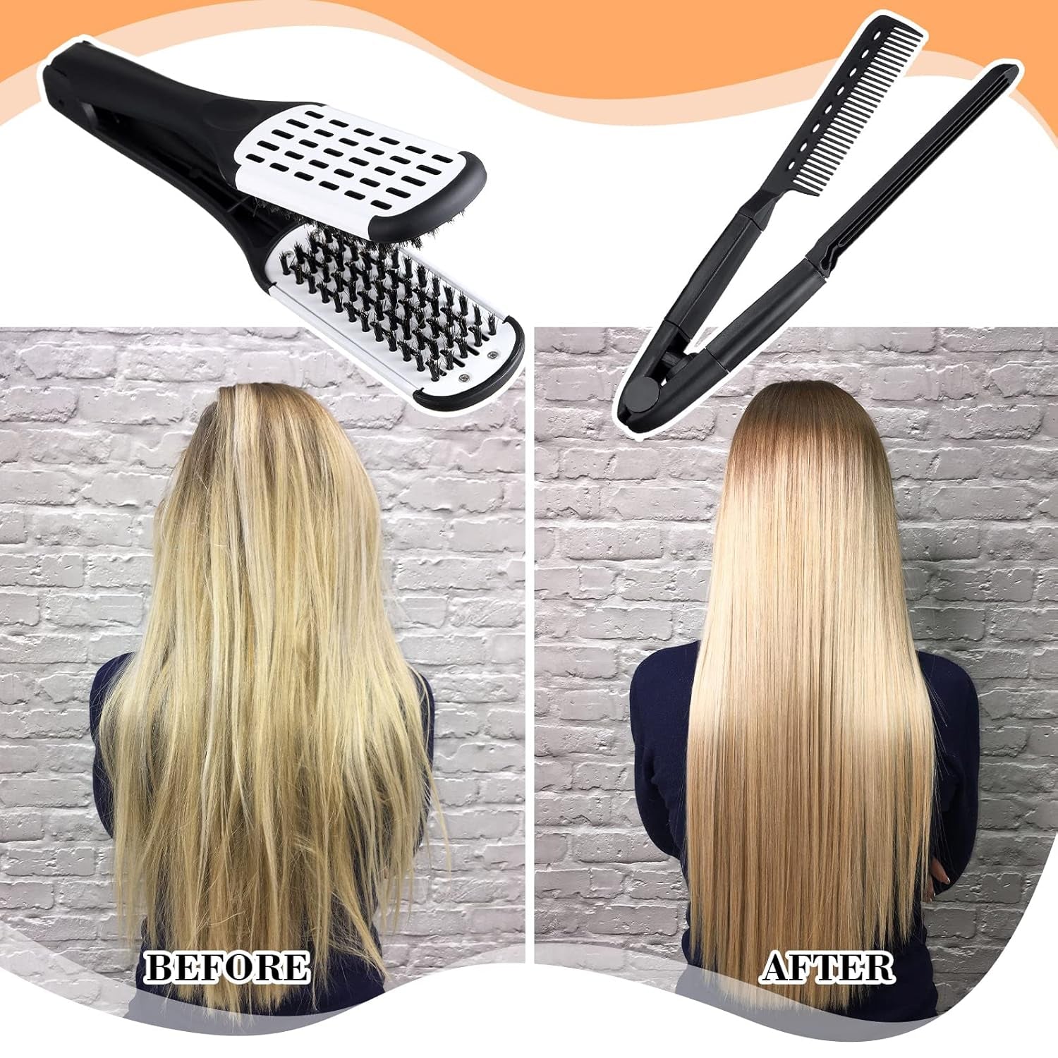2 Pcs Boar Bristle Brushes - Double Sided Clamp Brush and Flat Iron Comb for Straightening Knotty, Unkempt Hair (Black White, Black)