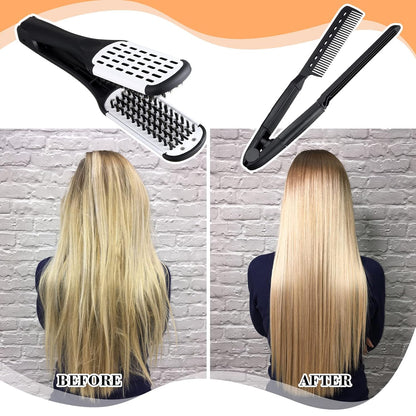 2 Pcs Boar Bristle Brushes - Double Sided Clamp Brush and Flat Iron Comb for Straightening Knotty, Unkempt Hair (Black White, Black)