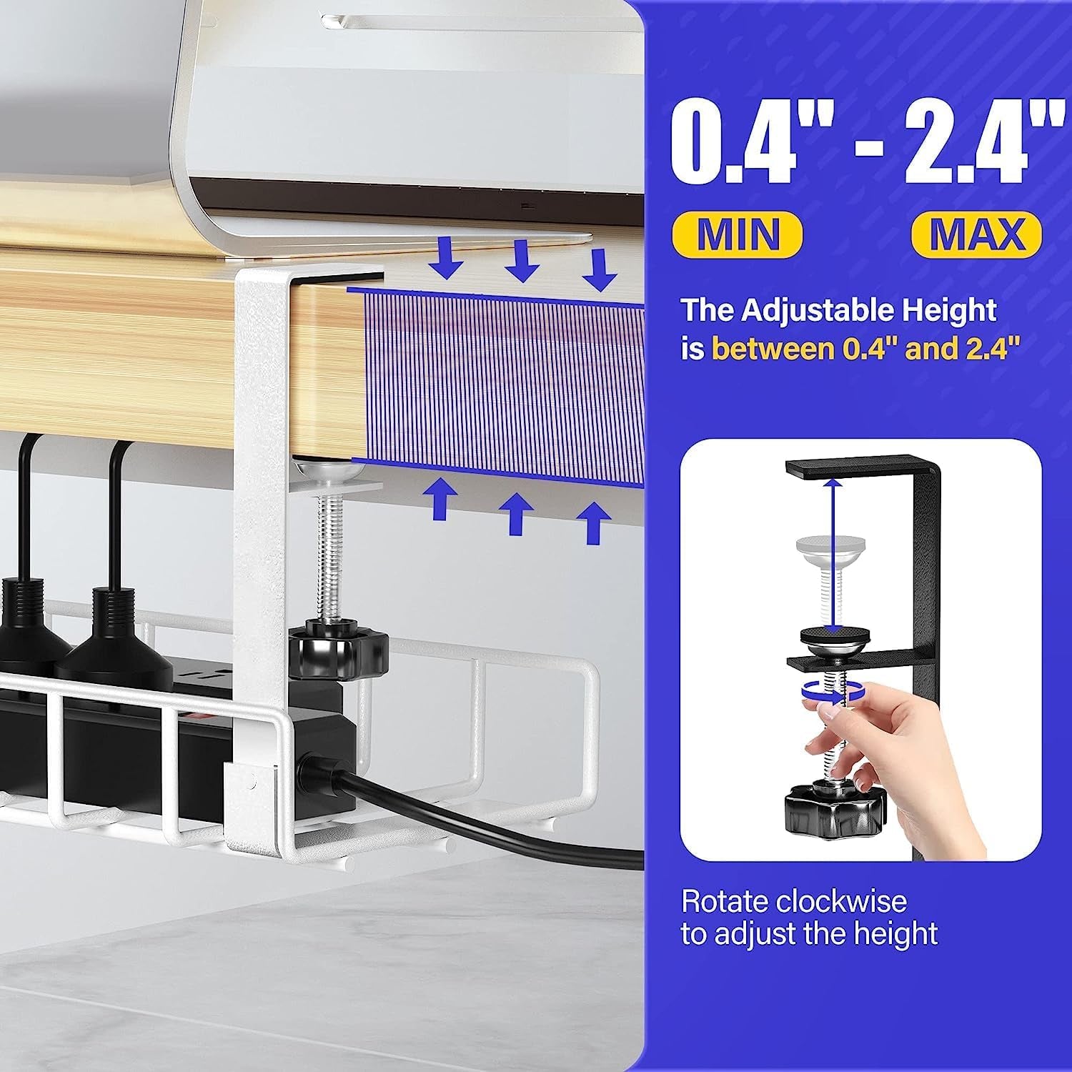 Under Desk Cable Management Tray 2 Pack,  Wire Management No Drill No Screws, Cable Tray with Clamp for Desk Wire Management, Computer Cable Rack for Office, Home - No Damage to Desk White
