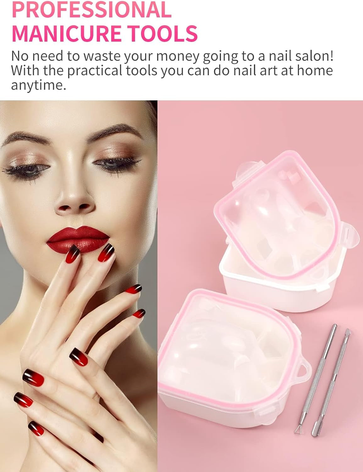 Nail Soaking Bowl Set - Gel Polish and Dip Powder Remover with Triangle Cuticle Peeler and Stainless Steel Cuticle Pusher (Pink)