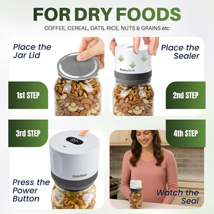 Roboseal Rechargeable Mason Jar Vacuum Sealer for Mason Jars Wide and Regular, One Touch Vacuum Sealer for Jars, 10 Lids Included, Digital Battery Indicator, as Seen on TV