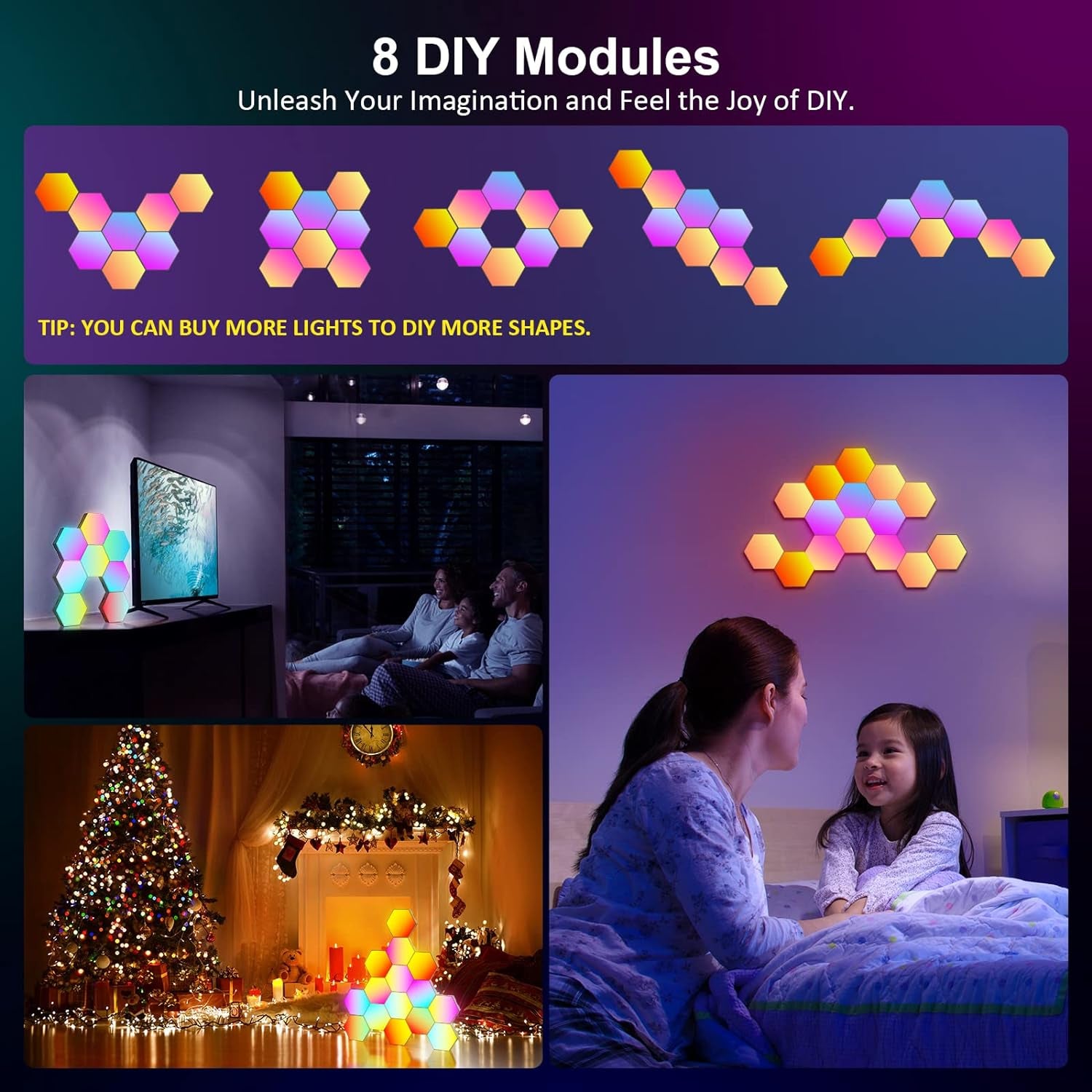 8 Pack Hexagon Lights Wall RGB Panel - Hexagonal Led Lights Room Decor Wall Lights Gifts for Men/Women Honeycomb Shape Panels Hexagon Gaming Night Lights for Bedroom Children