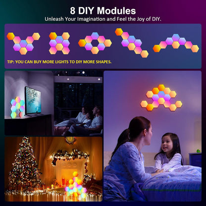 8 Pack Hexagon Lights Wall RGB Panel - Hexagonal Led Lights Room Decor Wall Lights Gifts for Men/Women Honeycomb Shape Panels Hexagon Gaming Night Lights for Bedroom Children