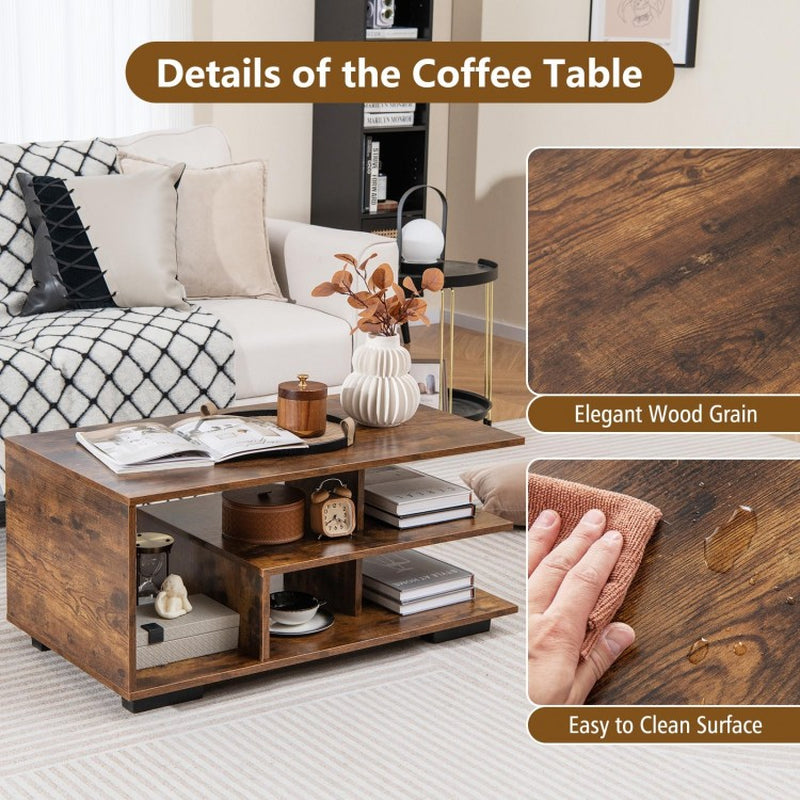 Rectangular Coffee Table Featuring L-Shaped Center Shelf