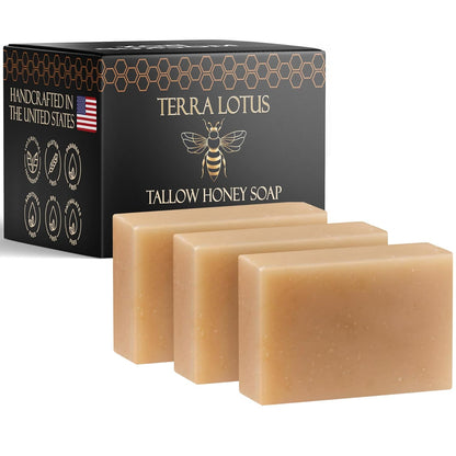 Organic Tallow Soap with Organic Castor Oil & Raw Honey - Relief for Dark Spots, Acne Marks, Hydrating & Nourishing - 3 Pack (Unscented)