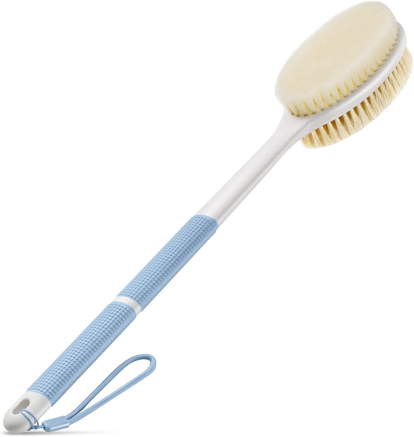 Anti-Slip Back Scrubber with Long Handle, Dual Bristle Shower Brush for Exfoliation and Dry Brushing (Blue)