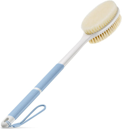 Anti-Slip Back Scrubber with Long Handle, Dual Bristle Shower Brush for Exfoliation and Dry Brushing (Blue)