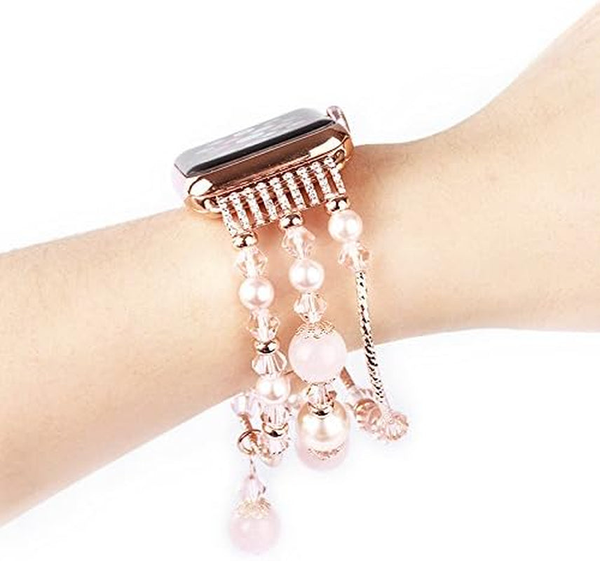 Compatible with Apple Watch Band 38/40/41/42/44/45/49Mm Women Iwatch Bands Series 9/8/7/6/5/4/3/2/1, Fashion Handmade Elastic Agate Pearl Bracelet Replacement Strap for Women Wristband
