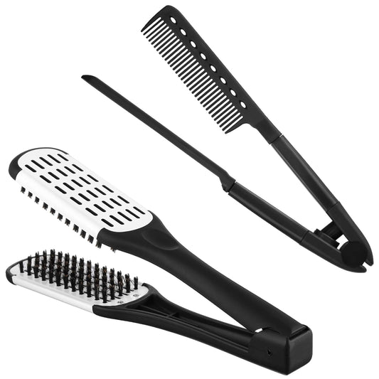 2 Pcs Boar Bristle Brushes - Double Sided Clamp Brush and Flat Iron Comb for Straightening Knotty, Unkempt Hair (Black White, Black)