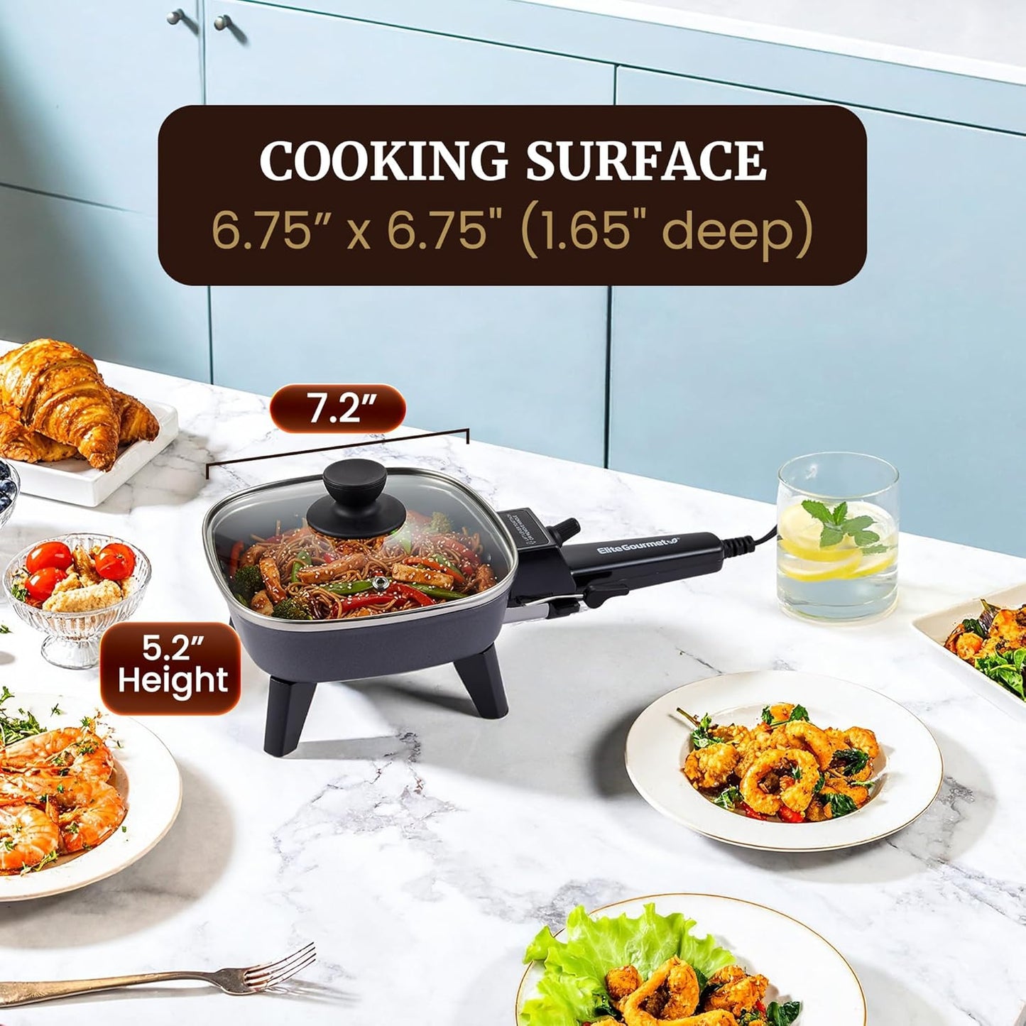 EFS059 Personal Electric Skillet, 7” Compact Portable Cooker, Adjustable Temperature, 600W Rapid Heating, Nonstick Surface, Tempered Glass Lid, Removable Handle, Black