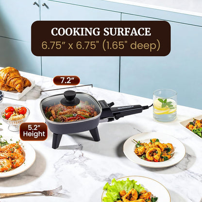 EFS059 Personal Electric Skillet, 7” Compact Portable Cooker, Adjustable Temperature, 600W Rapid Heating, Nonstick Surface, Tempered Glass Lid, Removable Handle, Black