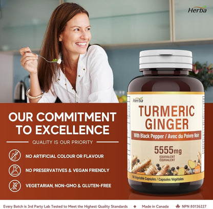 Turmeric Supplements for Inflammation with Black Pepper and Ginger - 180 Capsules | 5,555Mg Equiv. with 95% Turmeric Curcumin Supplements with Black Pepper | Joint Pain Relief | Made in Canada