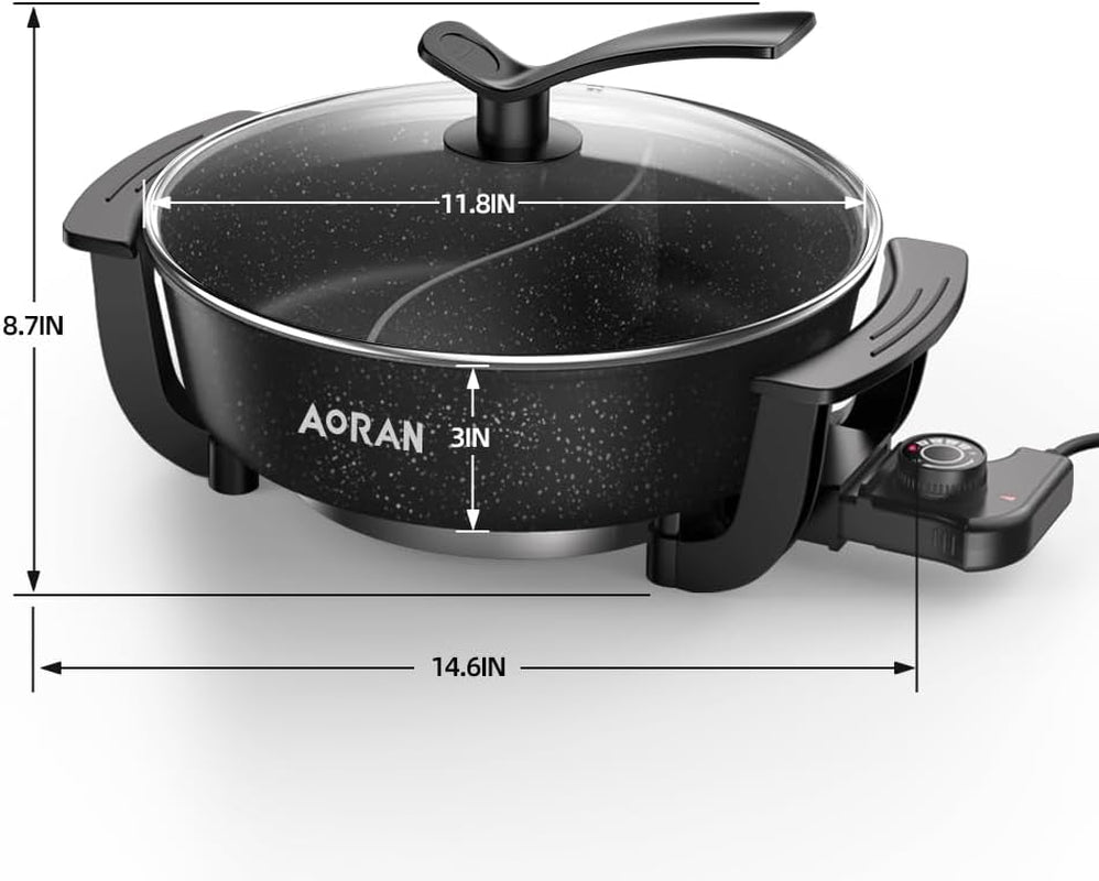 AORAN 6L Electric Hot Pot, Non-Stick Smokeless Cooking Pot with Divider for Hot Pot, Fondue, Shabu Shabu, Multi-Function, Includes Ladle, Tongs, Oil Brush, Food Tongs, Easy to Clean Black