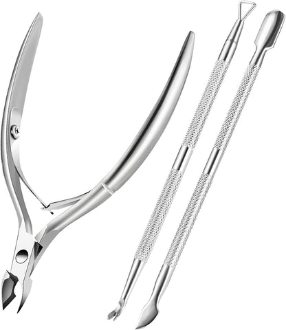 Cuticle Trimmer with Cuticle Pusher - Cuticle Remover Cutter, Triangle Cuticle Nail Pusher, Peeler Scraper, Durable Dead Skin Clipper Manicure Pedicure Tools (Silver)