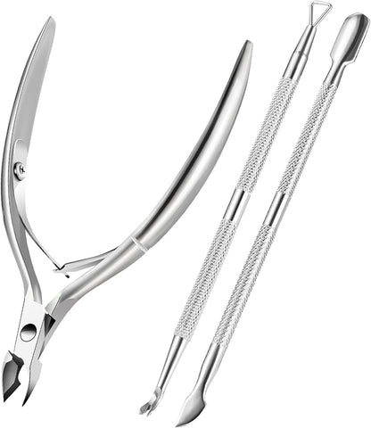 Cuticle Trimmer with Cuticle Pusher - Cuticle Remover Cutter, Triangle Cuticle Nail Pusher, Peeler Scraper, Durable Dead Skin Clipper Manicure Pedicure Tools (Silver)