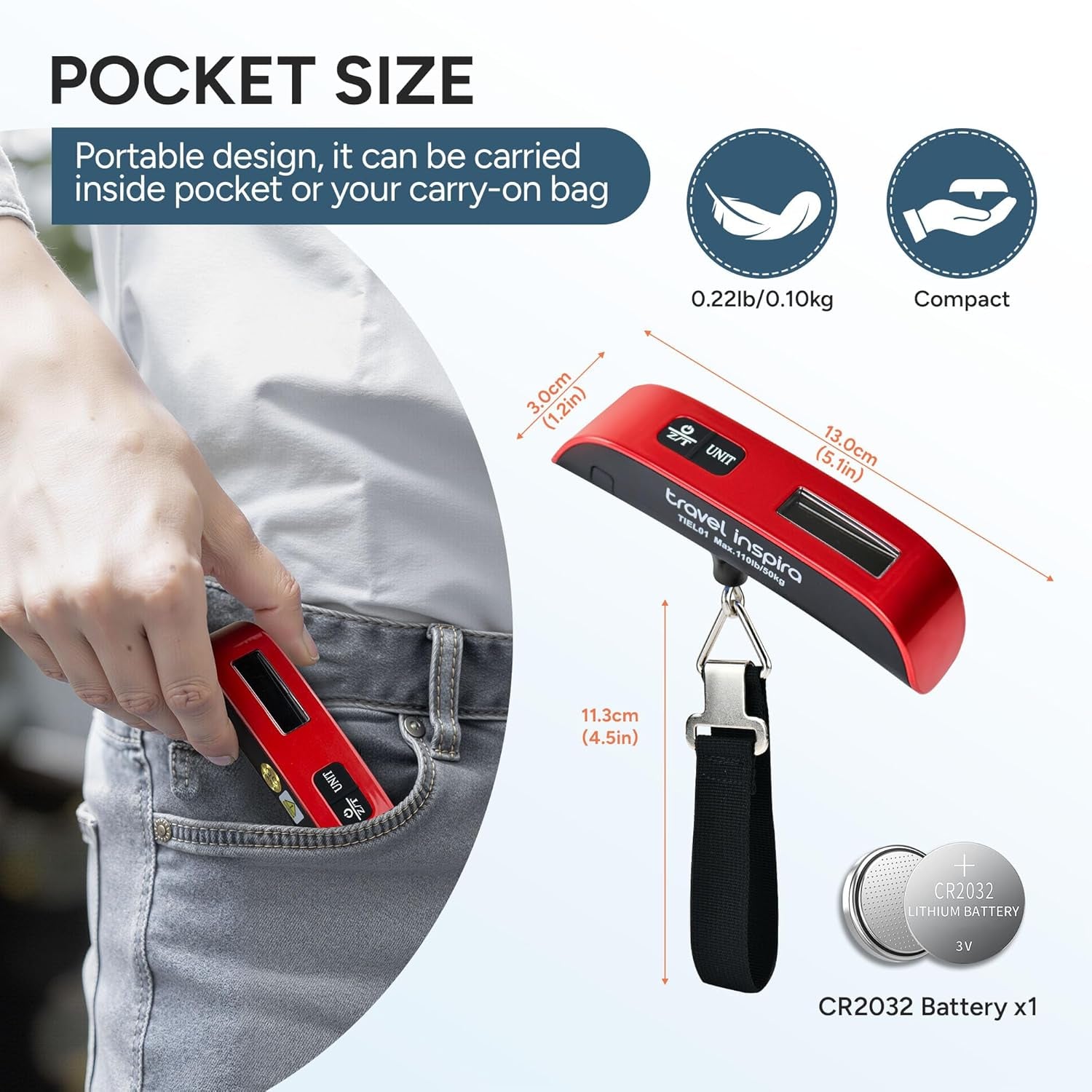 Digital Luggage Scale 110LB /50 KG with LCD Display,Overload Alarm Temperature Sensor-Red