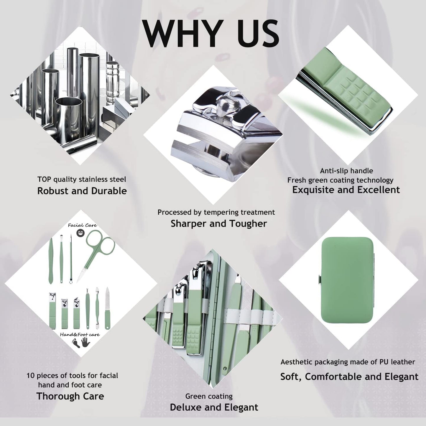 10-Piece Stainless Steel Manicure Set with Leather Case - Portable Nail Clippers and Pedicure Tools for Men and Women (Jade Green)