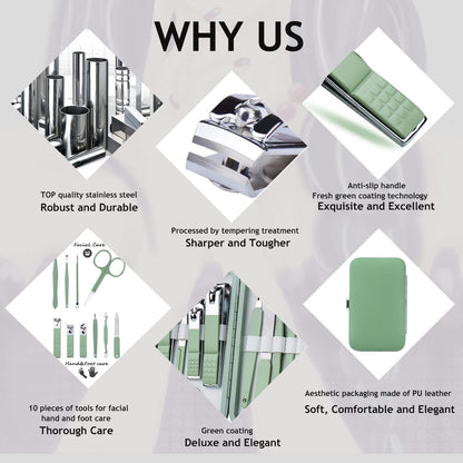 10-Piece Stainless Steel Manicure Set with Leather Case - Portable Nail Clippers and Pedicure Tools for Men and Women (Jade Green)