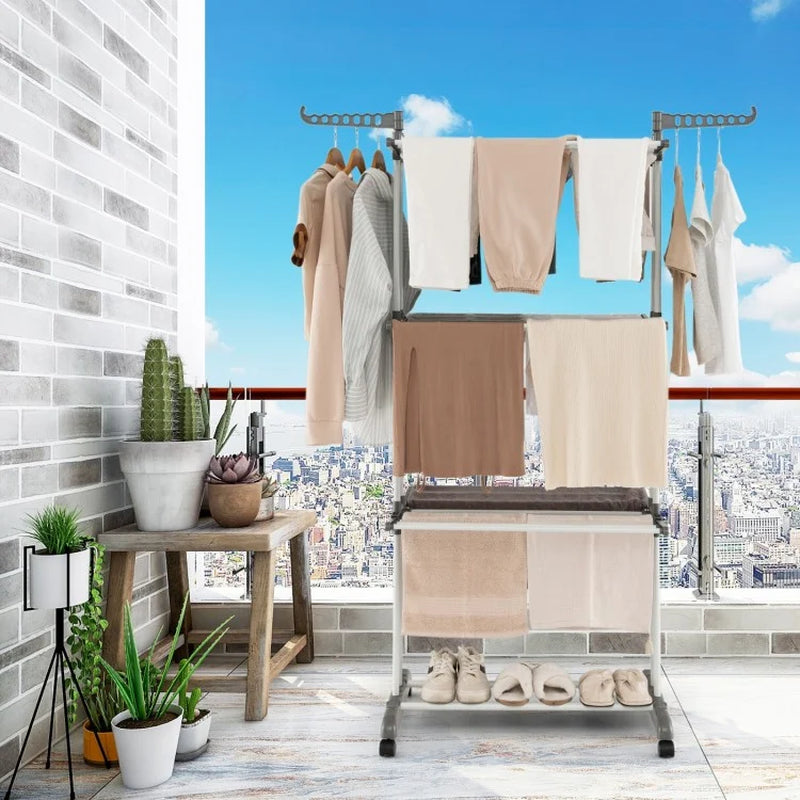 4-Tier Adjustable Clothes Drying Rack with Rotatable Side Wings and Collapsible Shelves